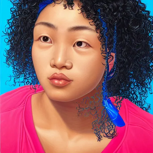 Prompt: three quarter close up portrait painting of a young asian woman with curly hair, blue background, by kehinde wiley