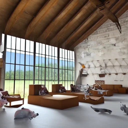 Image similar to interior view of modern futuristic farm barn architecture and interior design, lounge chairs, sofas, cows, chickens, pigs, wall art, detailed luminescent oil painting 4 k