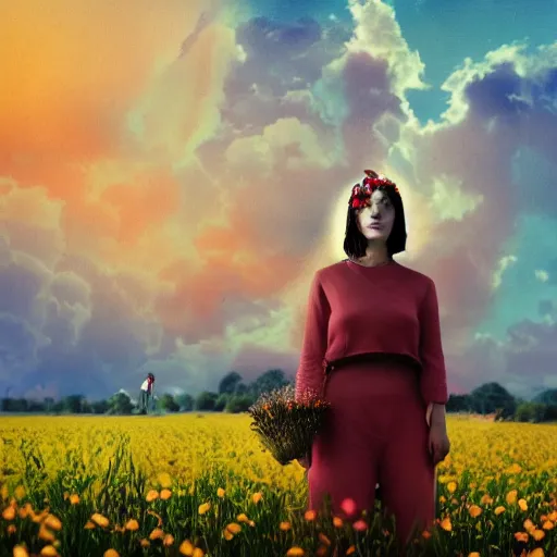 Prompt: woman with a flower head standing in flower field, surreal photography, photo manipulation, sunrise, impressionist painting, colorful clouds, artstation, simon stalenhag