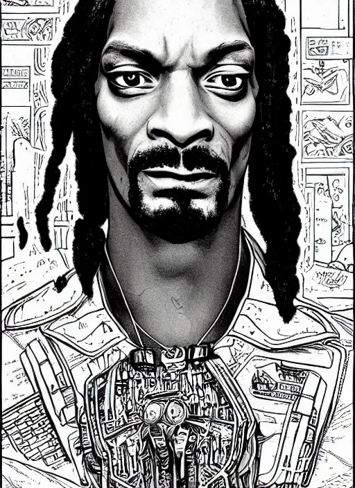 Image similar to snoop dogg portrait, cyberpunk 2 0 2 0 manual, by steampoweredmikej, inktober, ink drawing, black and white, coloring pages, manga, highly detailed