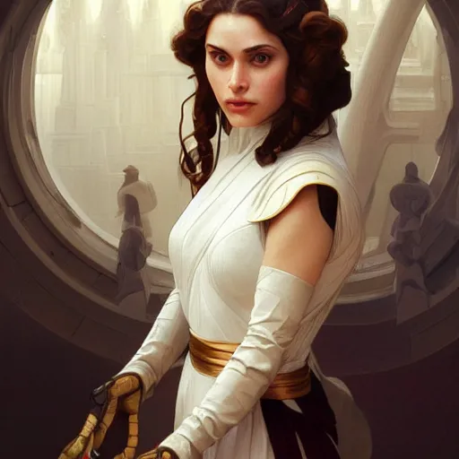 Prompt: padme amidala, intricate, elegant, highly detailed, digital painting, artstation, concept art, smooth, sharp focus, illustration, art by artgerm and greg rutkowski and alphonse mucha and william - adolphe bouguereau