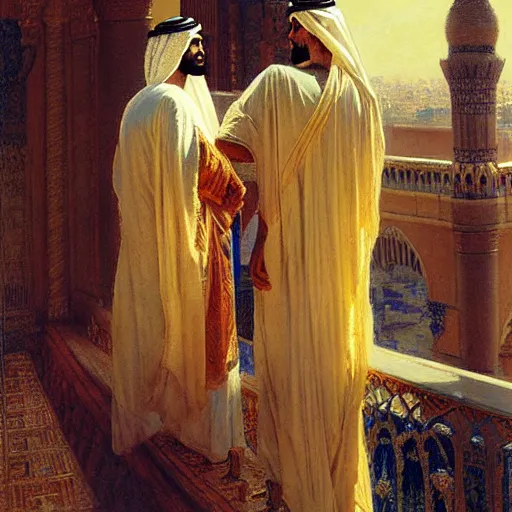 Image similar to attractive arab king in love with his attractive male prince, in balcony of palace, above a river,. highly detailed painting by gaston bussiere, craig mullins, j. c. leyendecker