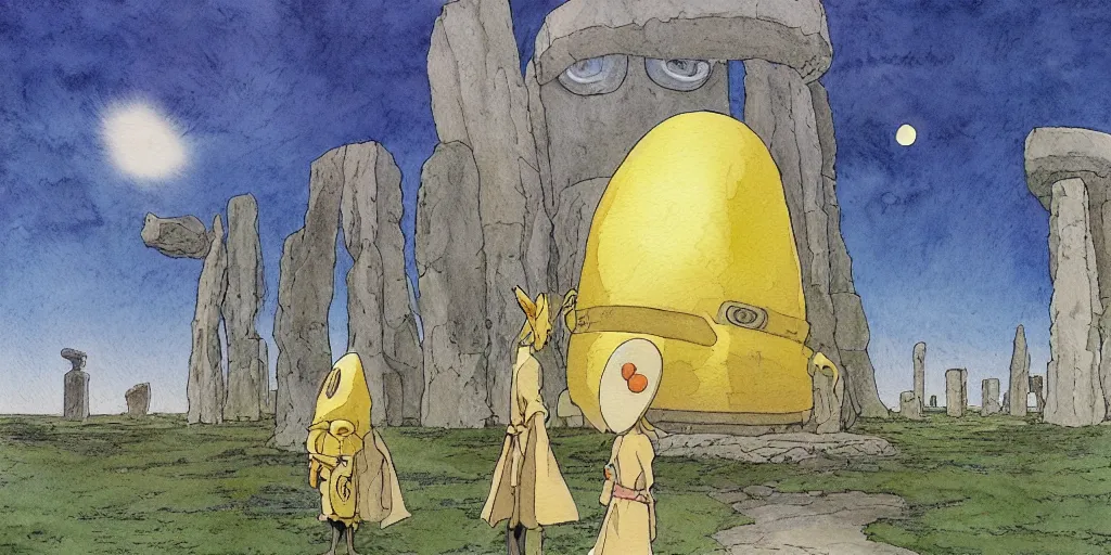 Image similar to a hyperrealist studio ghibli watercolor fantasy concept art of a giant alien and a small grey alien with a yellow robe in stonehenge in the early morning. a giant gold ufo is floating in the air. by rebecca guay, michael kaluta, charles vess