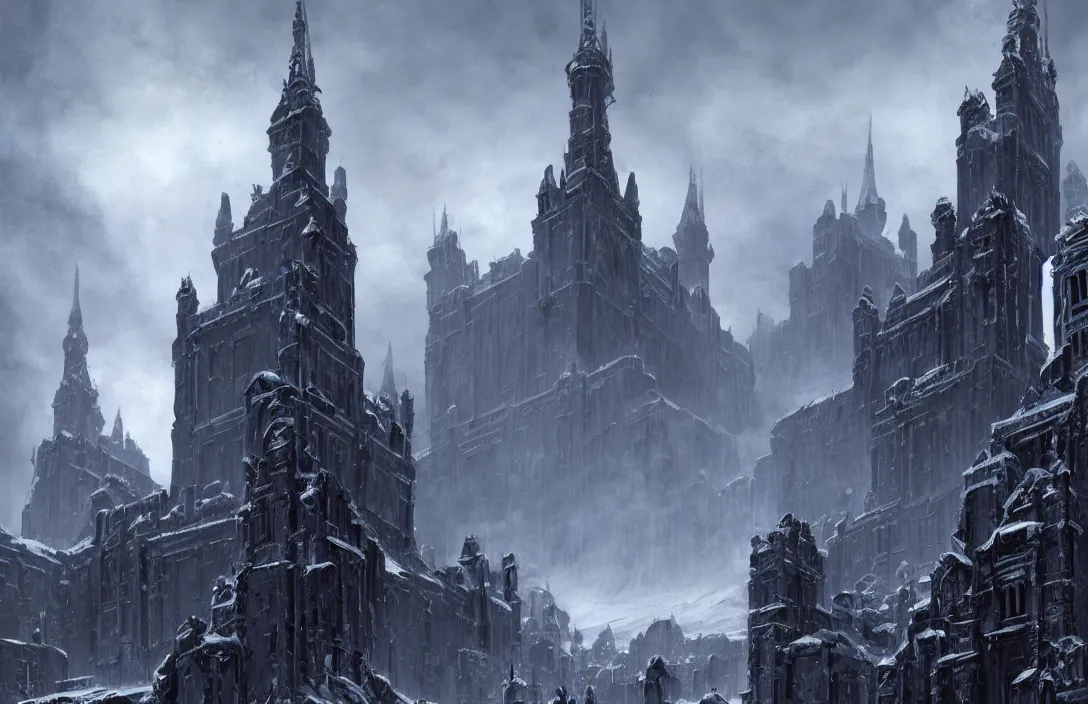 Image similar to The capital of a warhammer 40k imperial russian citadel, sci fi, located in the frozen northern wastes, soviet tower blocks, neo gothic magnificence, foreboding black steel exterior, snow capped mountains, fantasy, highly detailed, digital painting, artstation, concept art, illustration, art by Bayard Wu and Marc Simonetti and Diego Gisbert Llorens