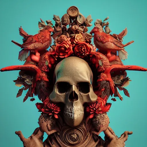 Prompt: north god sculpture, birds, skulls, flowers. baroque elements. intricate artwork by artstation. halo. octane render, cinematic, hyper realism, octane render, 8 k, depth of field, bokeh. iridescent accents. vibrant. teal and gold and red colour scheme,