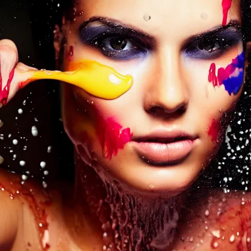 Image similar to potrait of a female model get splash with paint liquid , commercial ads