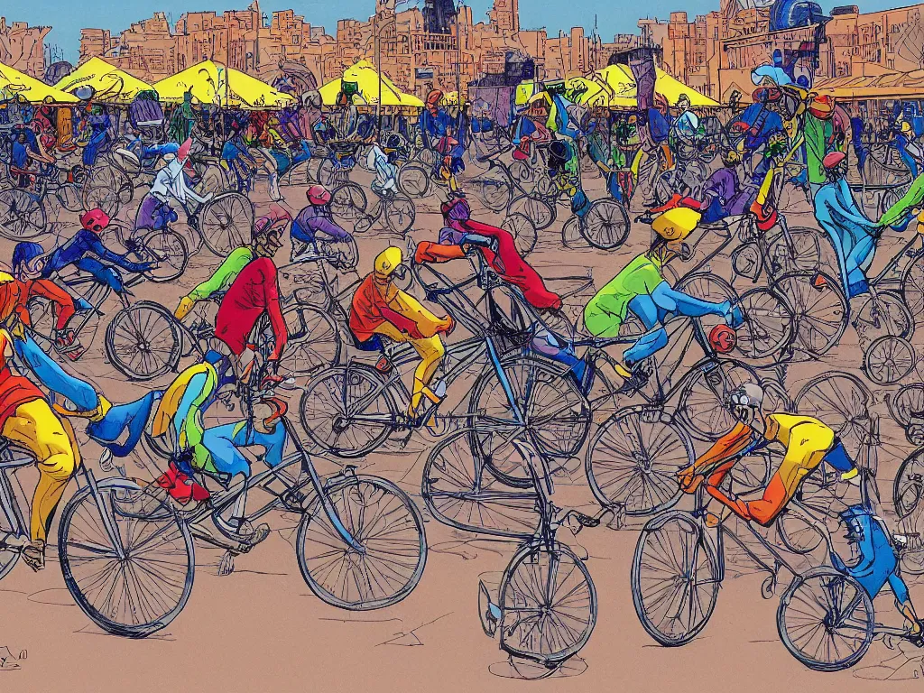 Image similar to masked riders on very large bicycles playing bike polo, sport, in style of moebius, by jean giraud, highly detailed, harsh daylight, colorful