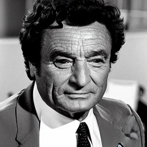 Prompt: peter falk as columbo, symmetrical face!!!!, round symmetrical eyes!!!, at the gates of heaven!!!!!!