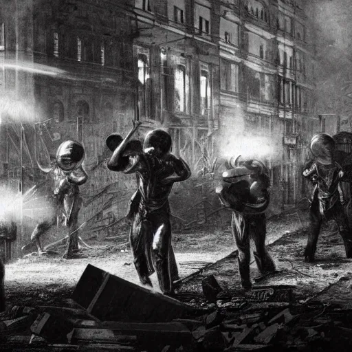 Image similar to grainy 1800s photo of a cybernetic warriors destroying buildings using energy balls in a smoky city