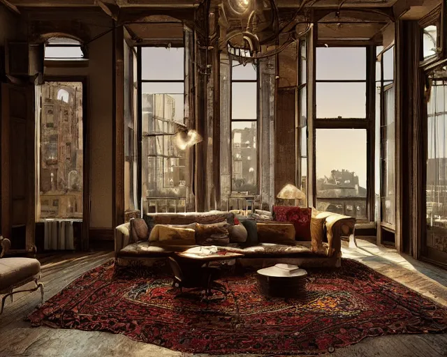 Image similar to a beautiful loft apartment with persian rugs and antique lamps designed by mark mills and nathaniel owings, interior design, architecture, key lighting, soft lights, by steve hanks, by edgar maxence, by caravaggio, by michael whelan, by delacroix, by serov valentin, by tarkovsky, 8 k render, detailed, oil on canvas