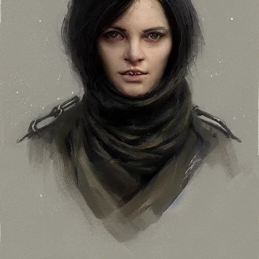 Image similar to Portrait of a woman by Greg Rutkowski, she is about 20 years old, round face, mixture between german and russian, black bob hair, attractive, determined but resentful look, she is wearing futuristic military fatigues with a black scarf, highly detailed portrait, scifi, digital painting, artstation, concept art, smooth, sharp foccus ilustration, Artstation HQ.