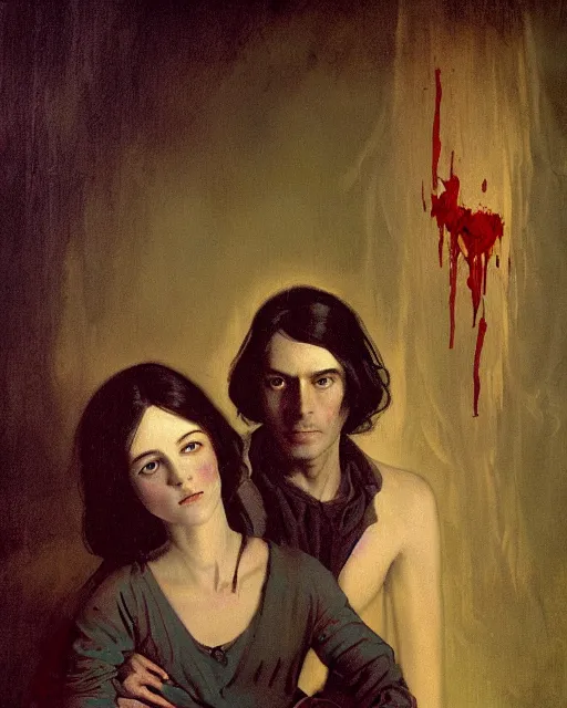 Image similar to a beautiful and eerie baroque painting of a brother and sister who are beautiful but creepy, in dead space, with haunted eyes and dark hair, 1 9 7 0 s, seventies, wallpaper, a little blood, morning light showing injuries, delicate embellishments, painterly, offset printing technique, by brom, robert henri, walter popp