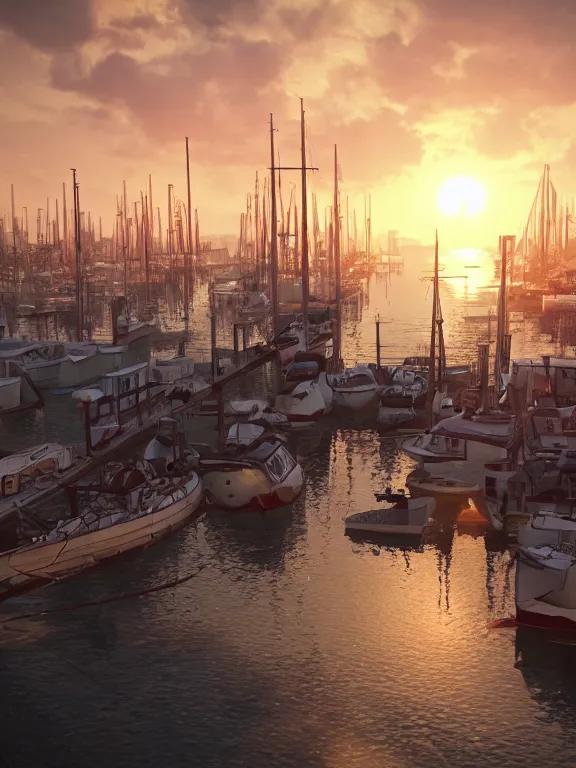 Image similar to photo of 8k ultra realistic harbour, port, boats, sunset, beautiful light, golden hour, full of colour, cinematic lighting, battered, trending on artstation, 4k, hyperrealistic, focused, extreme details,unreal engine 5, cinematic, masterpiece, art by studio ghibli