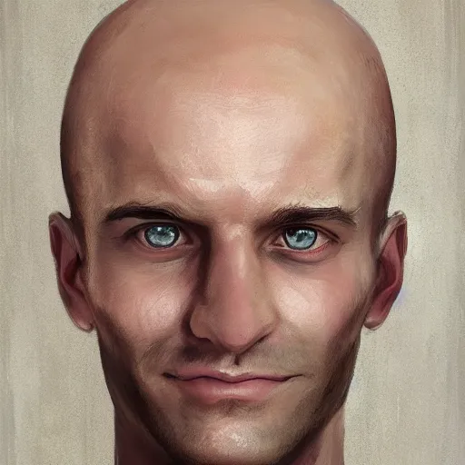 Image similar to a head - on detailed oil portrait of a young handsome round - faced smiling bald man, by charlie bowater, lise deharme, wlop, trending on artstation, dungeon and dragons art, critical role