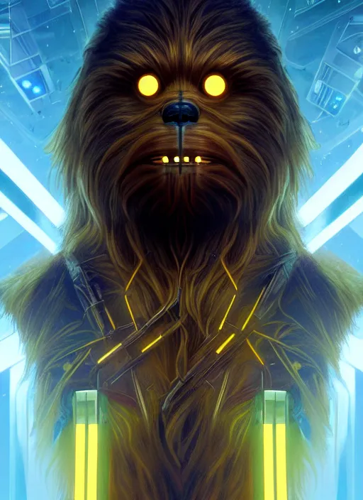 Prompt: symmetry!! portrait of chewbacca, sci - fi robot arm, tech wear, glowing lights!! sci - fi, intricate, elegant, highly detailed, digital painting, artstation, concept art, smooth, sharp focus, illustration, art by artgerm and greg rutkowski and alphonse mucha