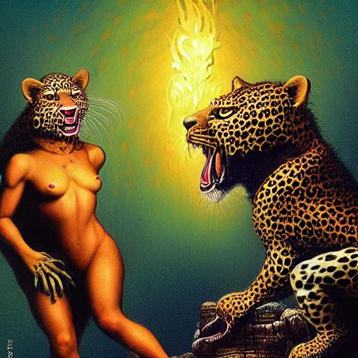 Image similar to leopards wearing leopard animal print clothing, dancing around in a fire drinking and laughing, magical bright world, volumetric lighting, Artwork by Richard Corben + Mark Arian + Wayne Barlowe + Boris Vallejo + Julie Bell + Zdzisaw Beksinski + Ed Binkley + Mark Brooks + Jean Delvil