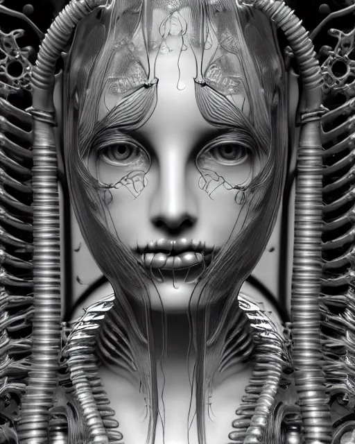 Prompt: mythical dreamy black and white organic translucent bio-mechanical spinal ribbed profile face portrait detail of glass mechanical beautiful female angelic-vegetal-cyborg, highly detailed, intricate glass steampunk ornate, poetic, 3D render, digital art, octane render, 8K artistic photography, photo-realistic, by Dora Maar