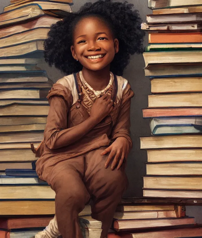 Prompt: close up portrait of a smiling african - american child sitting atop a stack of large books + library background. art nouveau. sharp edges. ultra clear detailed. 8 k. elegant and intricate. octane render by artgerm, cushart krenz, greg rutkowski, mucha