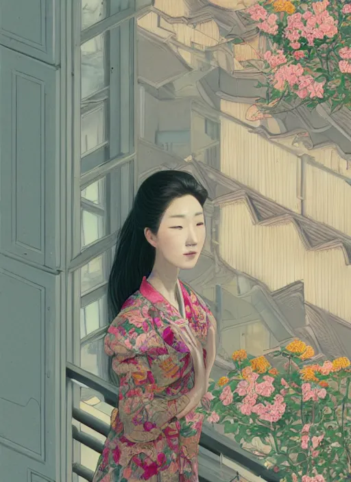 Image similar to Portrait of a Luxurious Korean woman standing on a balcony, female, richly detailed color illustration of a rotocoped-animation-of-flowers-flowing illustrated, detailed face, 19th century, cinematic lighting, digital art painting by simon stalenhag