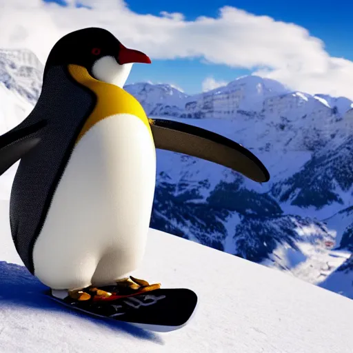 Prompt: ultrawide angle photograph of a snowboarding penguin, extremely detailed. the very detailed penguin is wearing a helmet and snowgoggles. the snowboard he is riding is red and made by burton, 8 k