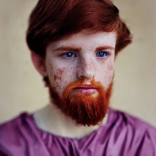 Image similar to A regal close-up, studio photographic portrait of a young man with auburn hair and freckles wearing a purple gilded medieval byzantine tunic, neutral flat lighting, overcast, hard focus, shot on a Sigma 135mm camera, featured in life magazine