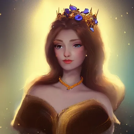 Prompt: a photographic portrait of an fantasy 30 years old princess with a deep blue sapphire and gold small diadem, seductive look, warm and soft colours, light brown hair, cinematic light, bokeh, by Danny Battista canon 50mm, artstation