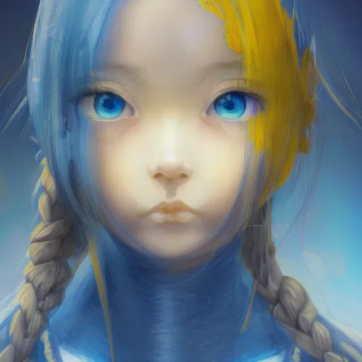 Prompt: a portrait of anime ukrainian blue and yellow girl, scared, concept art, trending on artstation, highly detailed, intricate, sharp focus, digital art, 8 k