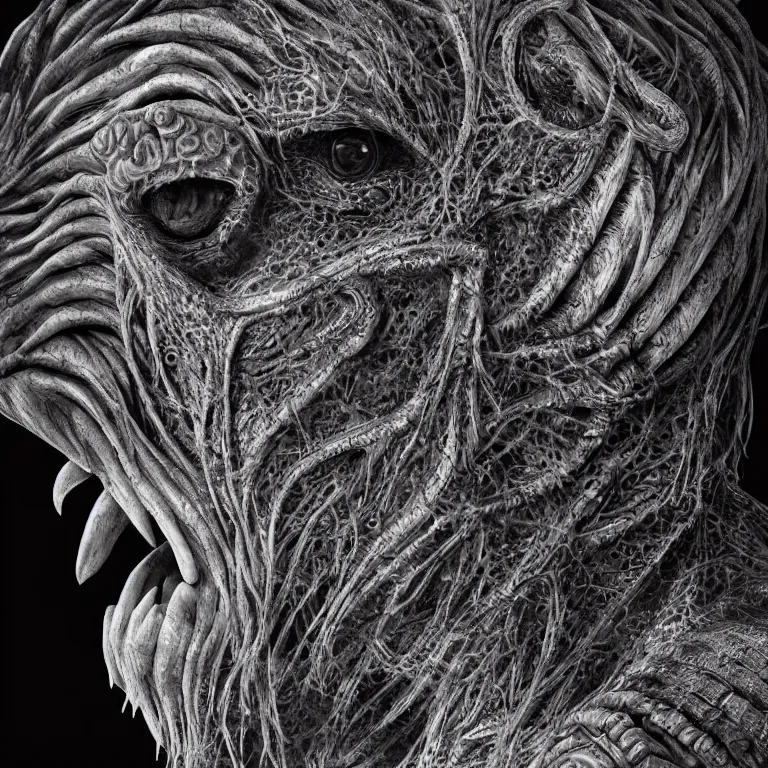 Image similar to surreal spinal ribbed tribal exotic organic face portrait of a beautiful alien animal creature monster, beautiful detailed intricate insanely detailed BW 3D render digital art, octane render, 8K artistic photography, photorealistic