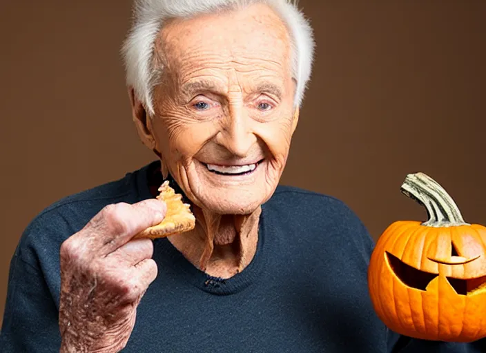 Image similar to studio portrait photo still of bob barker!!!!!!!! at age 7 3 years old 7 3 years of age!!!!!!! eating a pumpkin empanada, 8 k, 8 5 mm f 1. 8, studio lighting, rim light, right side key light