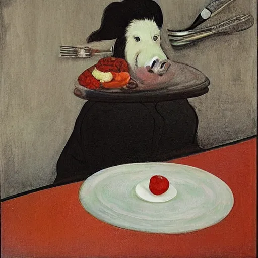 Image similar to “a portrait in an art student’s apartment, a feminine pig sitting at a dining table, pork, ikebana white flowers, white wax, squashed berries, acrylic and spray paint and oilstick on canvas, by munch and Dali”