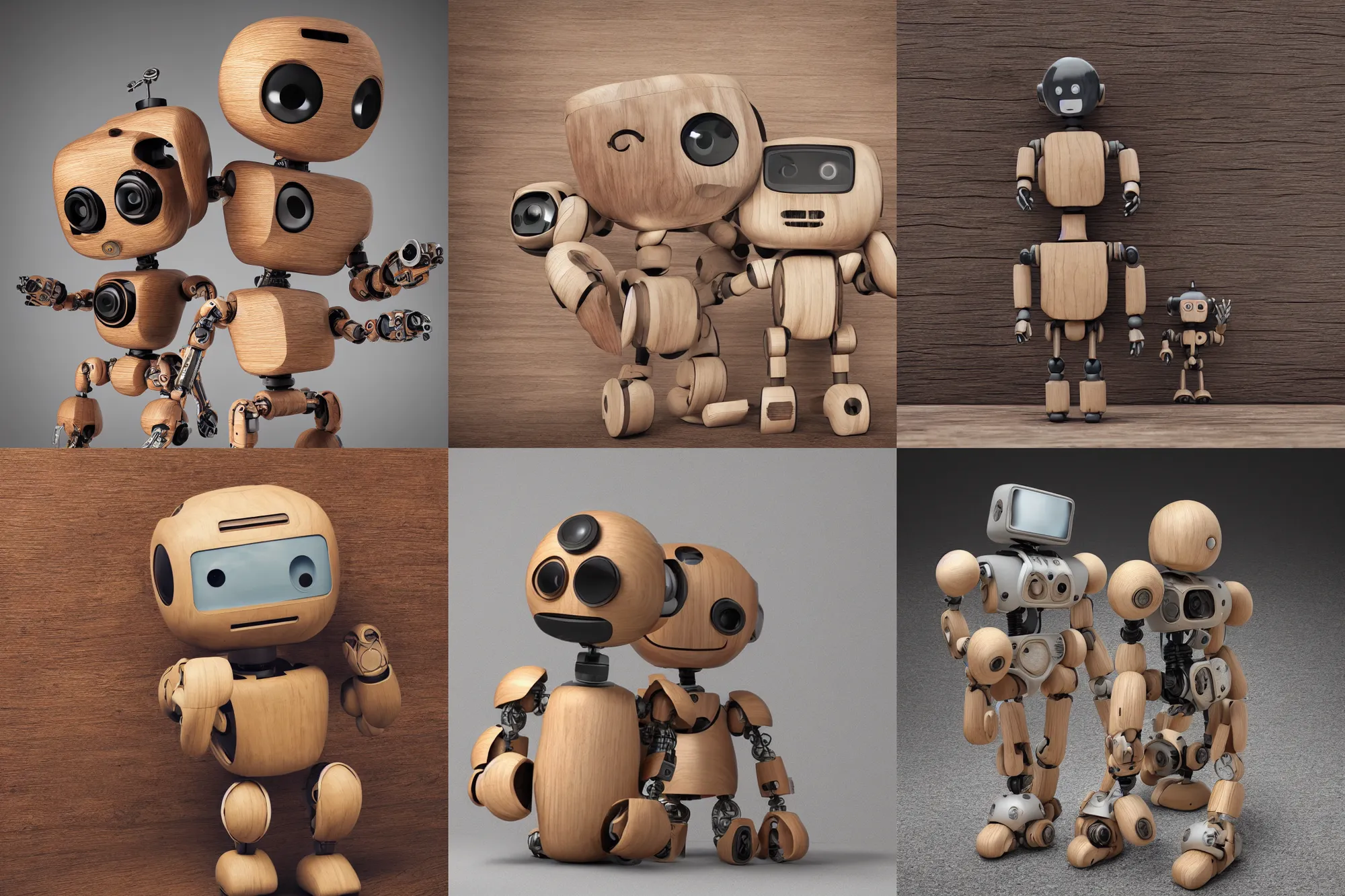 Prompt: ultra realistic 8k octan photo, wooden art toys on base cute robot , concept art ,contemporary art gallery