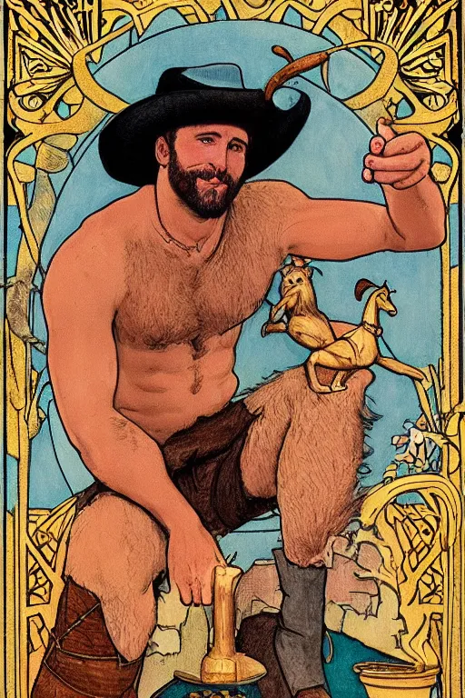 Prompt: a beautiful tarot! card of a handsome hairy shirtless cowboy wearing cowboy hat and boots with a chunky build and belly next to a campfire | golden hour, dark background | homoerotic | art deco, art nouveau | by Walter Crane, by Mark Maggiori | trending on artstation