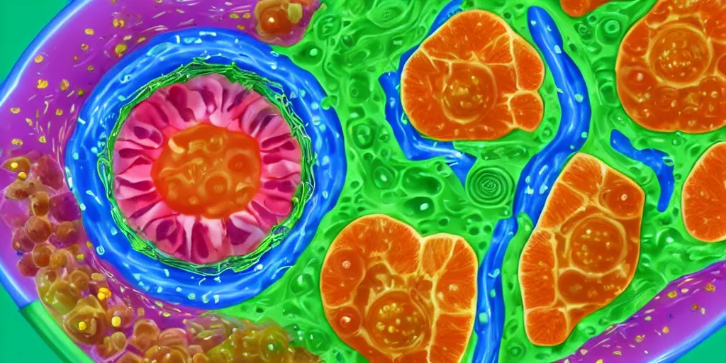 Prompt: cutaway of the interior of a human cell, showing the nucleus and organelles, made of fruit floating in jello