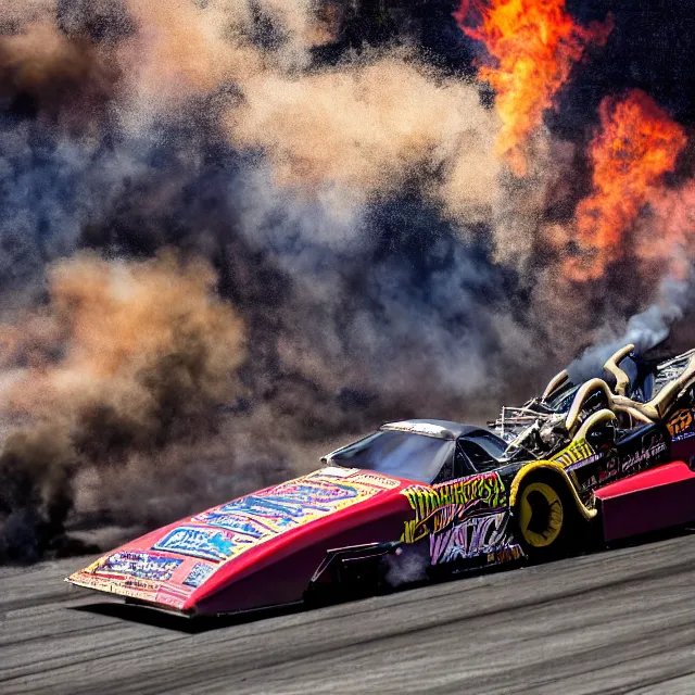 Image similar to nhra, drag strip, drag car, dirt explosion, smoke explosion, rolling car photograph, furry fandom, photorealistic,