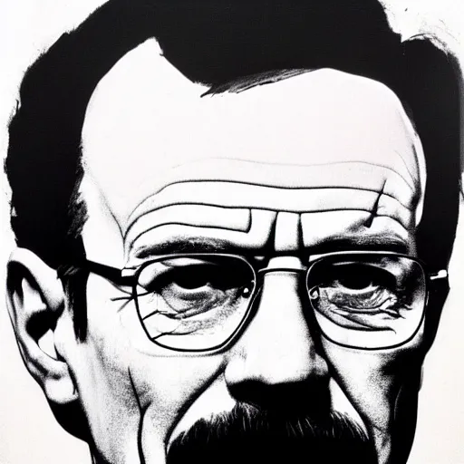 Image similar to a portrait of Walter White, made by Andy Warhol, two tone, very high contrast, only black and white, simplistic, extremely high contrast, two tone, notan art, by Andy Warhol, minimalistic,