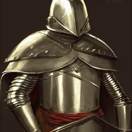 Prompt: man in decorated 15 century crusader armor, helmet and white cape drawn by greg rutkowski realistic high detail
