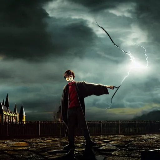 Image similar to Harry potter standing and holding a short wand, yellow light spell, side view, daniel radcliffe, thunderclouds, cinematic shot, wide shot, epic scale, photorealistic detail and quality, intricate cobblestone, magical special effects, movie still, nighttime, crescent moon, sharp and clear, action shot, intense scene, visually coherent, symmetry, rule of thirds, movement, photorealistic colors, cool colors transitioning to warm colors, modest tone, award winning, directed by Steven Spielberg, Christopher Nolan, Tooth Wu, Asher Duran, artstation