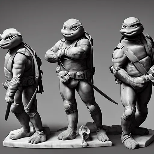 Image similar to teenage mutant ninja turtles as a sculpture from the renaissance, white marble, glossy, high details, cinematic