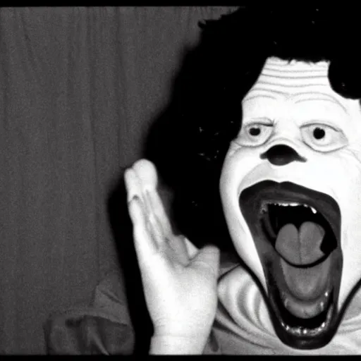 Image similar to creppy 2 0 0 1 photo of ronald mcdonald screaming in a dark room