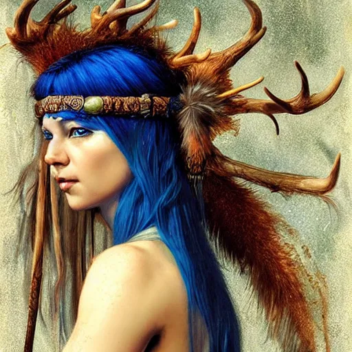 Prompt: A young female shaman, blue hair and antlers on her head. blindfolded, heilung, in the style of Heather Theurer, made by karol bak