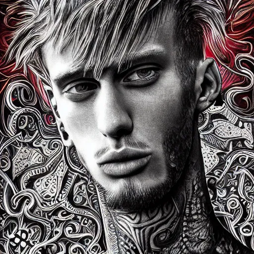 Image similar to an extremely psychedelic portrait of mgk, surreal, lsd, face, detailed, intricate, elegant, lithe, highly detailed, digital oth, sharp focus, illustration,