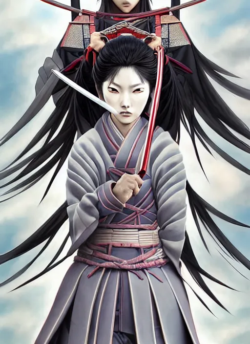 Image similar to beautiful samurai warrior woman only, anime style only, scenery wallpaper aesthetic, pastel colors only, symmetrical face and full body, cinematic, dramatic, powerful, super detailed and intricate, hyper realistic, by artgerm, by kyoung hwan kim, by ralph mcquarrie, by yoshiyuki tomino