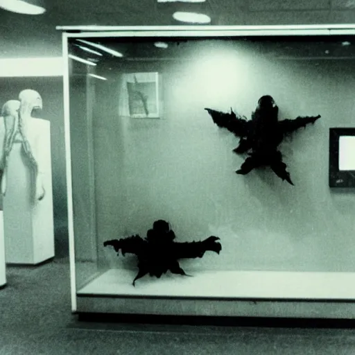 Prompt: spooky creepy liminal space, display case, aquatic exhibition museum, dried aquarium, computer screens, photo taken on 1 9 8 0 s fujifilm superia