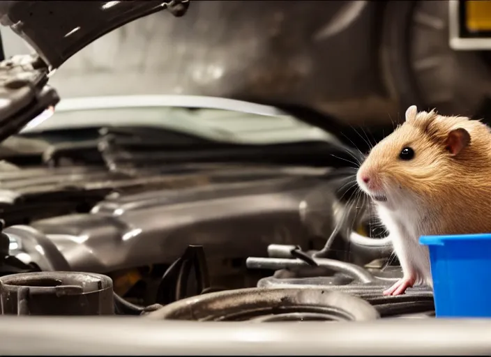 Image similar to film still of a hamster working as a mechanic in an auto shop, 8 k