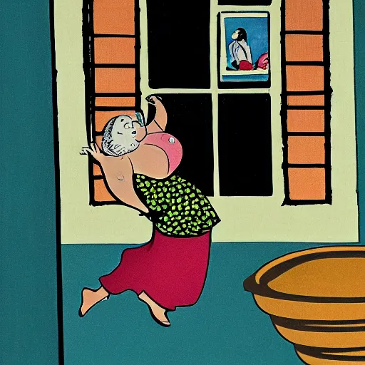 Image similar to a modeen etchine art work of a fat old woman flying trough the window into the kitchen. funny scene