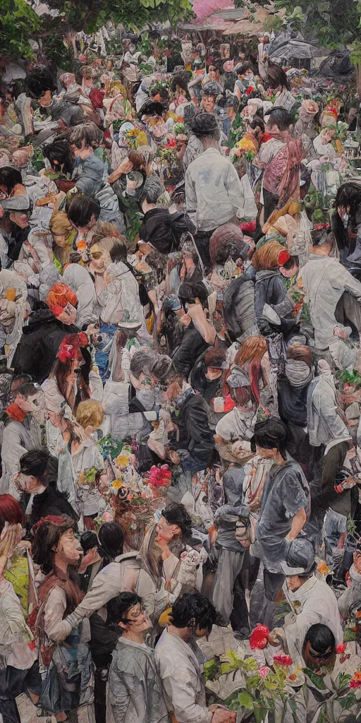 Image similar to oil painting scene crowd from blooming garden by kim jung gi