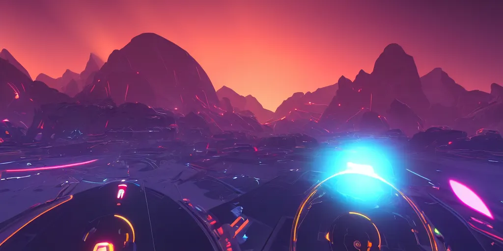 Image similar to screenshot of battlezone, videogame, vector, large mountains visible, axure sky, neon glow, lens flare