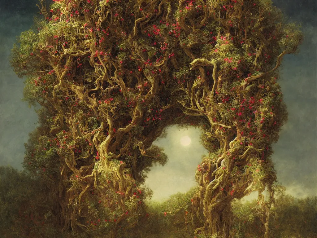 Prompt: artistic multicolor veduta with singular treant with crown like mycelium branches highly detailed by Agostino Arrivabene, Albert Bierstadt, Albert Koetsier and Agnes Lawrence Pelton