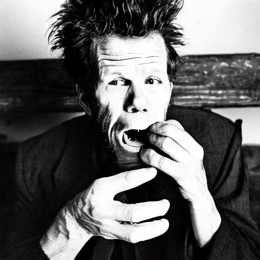 Prompt: tom waits gnawing on a plank of wood, black and white photograph