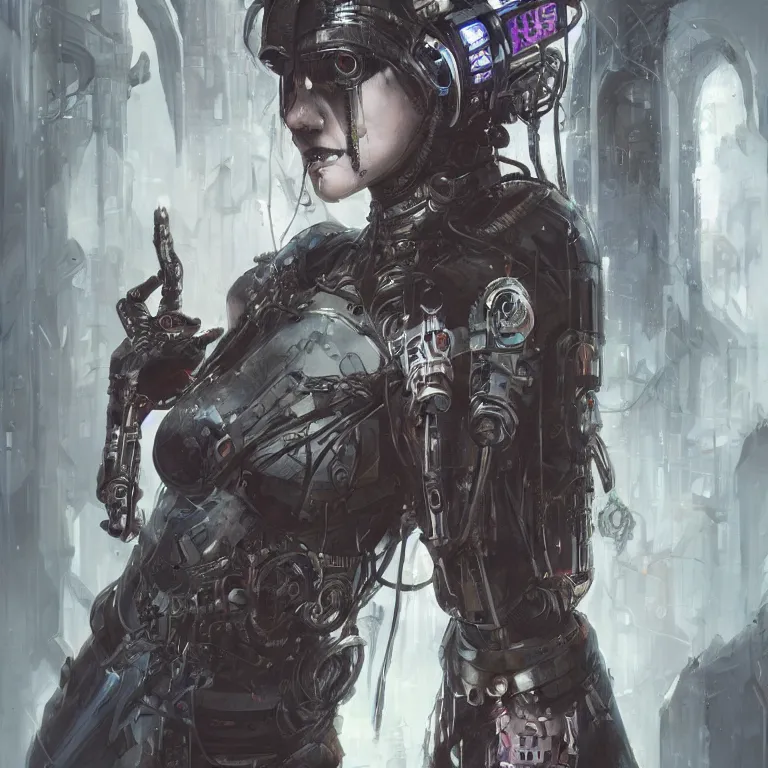 Image similar to cybernetic priestess, cyberpunk, gothic, fantasy, science fiction, character concept art, painting, hyperdetailed, realistic, creepy, atmospheric, cinematic, kinemacolor